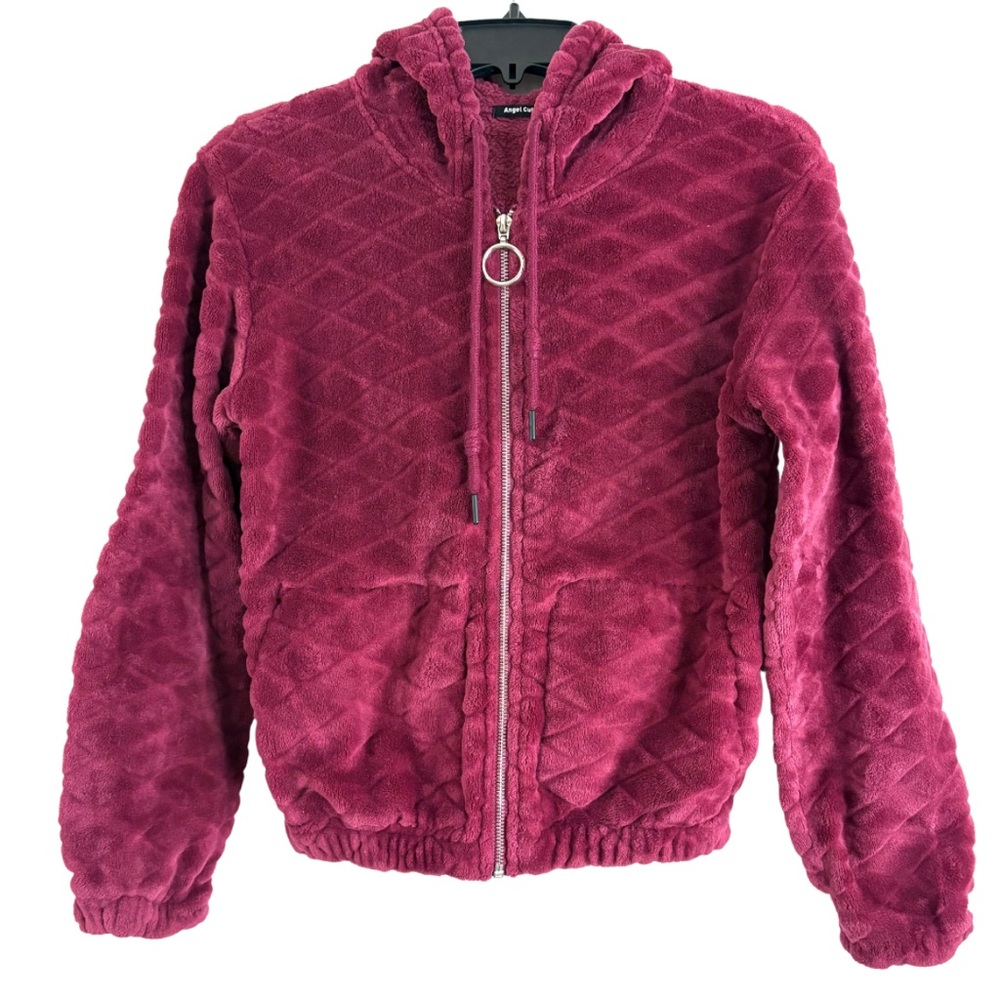 Angel Cult Cropped Plush Quilted Full Zip Hoodie XS Jacket Y2K Oversized